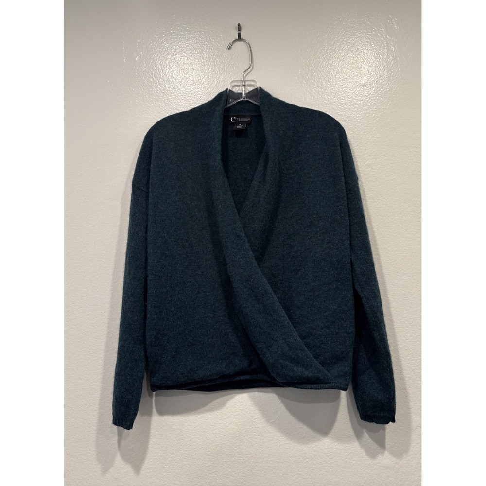 C By Bloomingdale Cashmere Sweater Womens Size Medium Teal Faux Wrap Classy FLAW